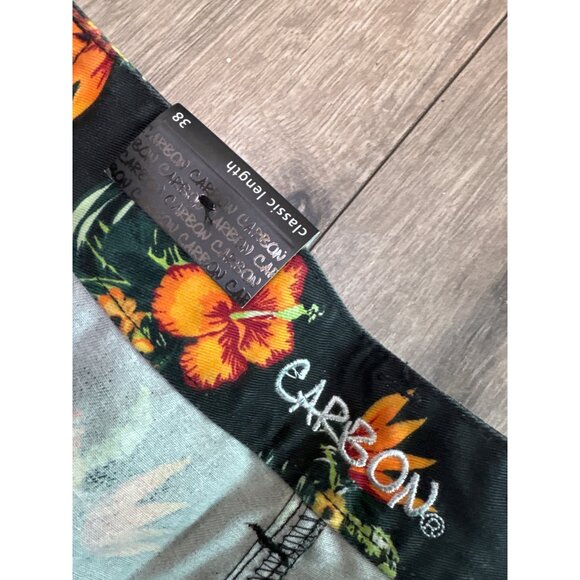 Carbon Mens Floral Hawaiian Shorts Size 38 Cotton/Polyester Blend Black & Orange - Picture 2 of 9